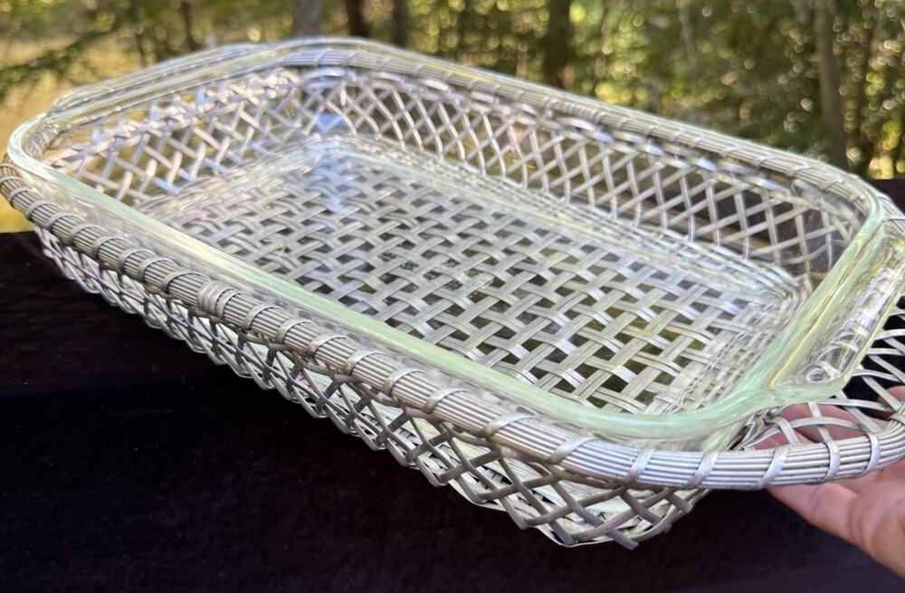 Silver Metal Woven Basket Serving Piece with Pyrex Casserole Dish Heavy Quality